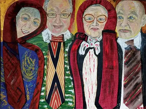 Meine verstorbenen Schwiegereltern - Familie Sannecke - Holzplatte. Öl, Akril, Textil - 85cm x 70cm
