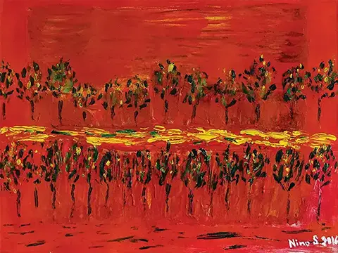 Sonnenaufgang an der Elbe - Leinwand. Öl - 44cm x 45cm
