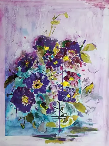 Violette Blumen in Vase - Papier. Acuarel, Acryl - 63cm x 83cm