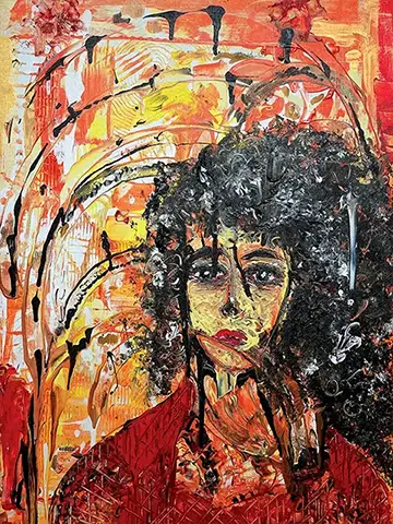 Besorgte Fraue mit lockigem Haaren - Leinwand. Öl, April - 60cm x 80cm