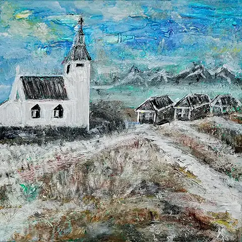Dorf in Island - Leinwand. Öl, Acril - 40cm x 40cm