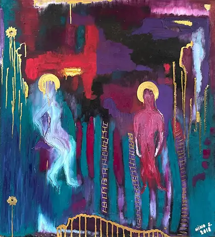 Welt der Seelen - Meinen Schwiegereltern Gedelitz gewidmet - Holzplatte. Öl, Akril - 91cm x 101cm